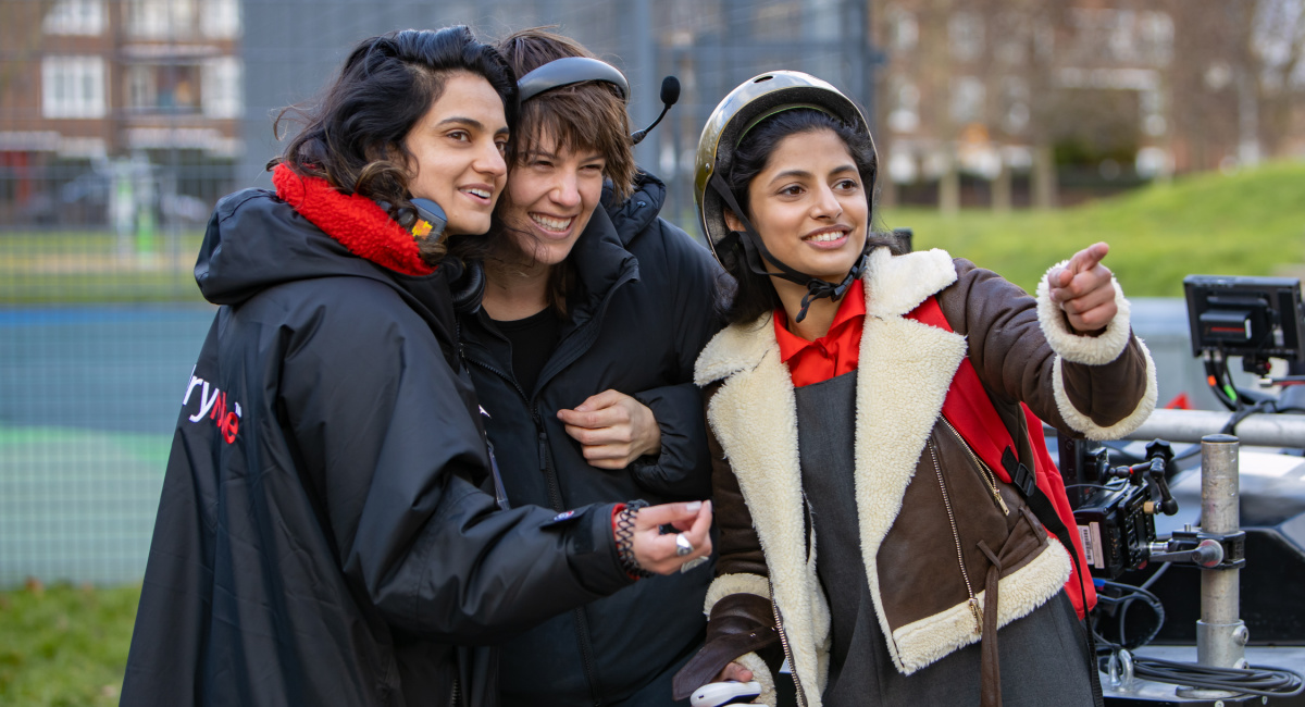 Director Nida Manzoor, cinematographer Ashley Connor and actor Priya Kansara on the set of their film 'Polite Society,' a Focus Features release.