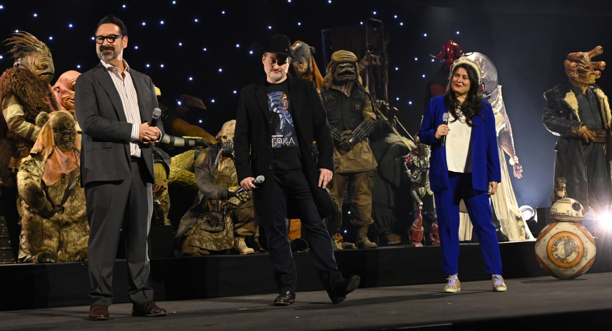 Director James Mangold, Dave Filoni, and director Sharmeen Obaid-Chinoy at Star Wars Celebration 2023.