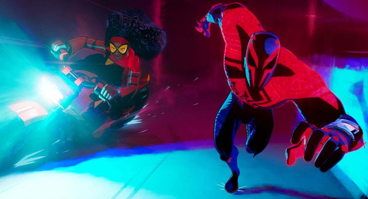 Spider-Man 2099 (Oscar Isaac) and Issa Rae as Jessica Drew / Spider-Woman in Columbia Pictures and Sony Pictures Animation’s 'Spider-Man: Across the Spider-Verse.'