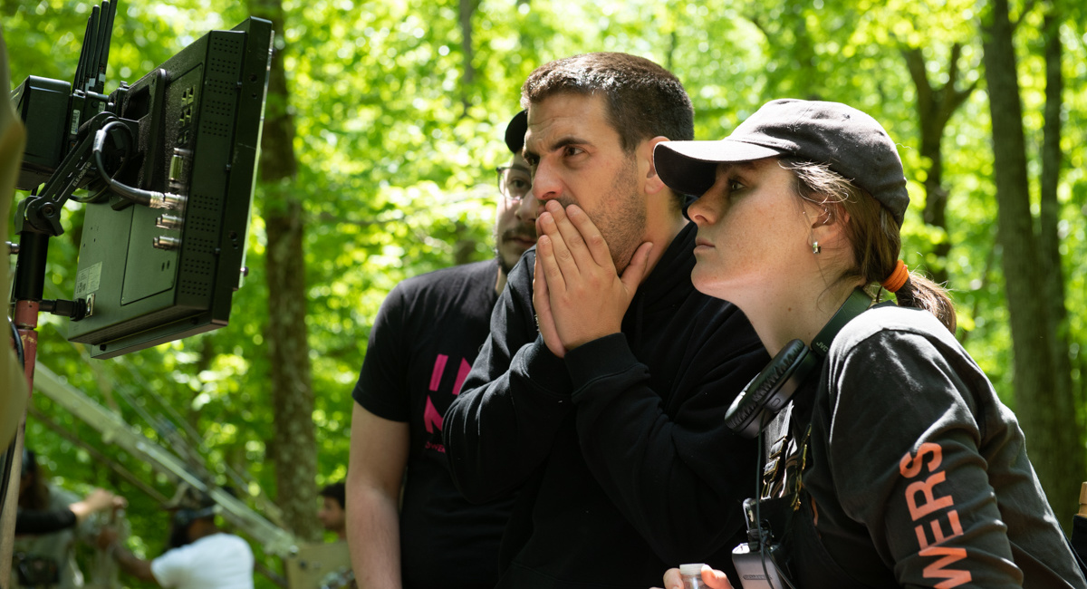 Filmmakers Matt Angel and Suzanne Coote behind the scenes of the horror/thriller film 