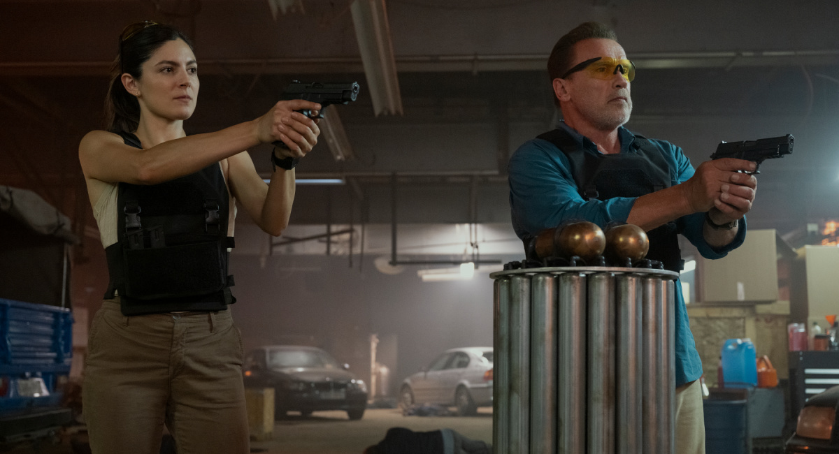 Monica Barbaro as Emma Brunner, Arnold Schwarzenegger as Luke Brunner in 'Foobar'.