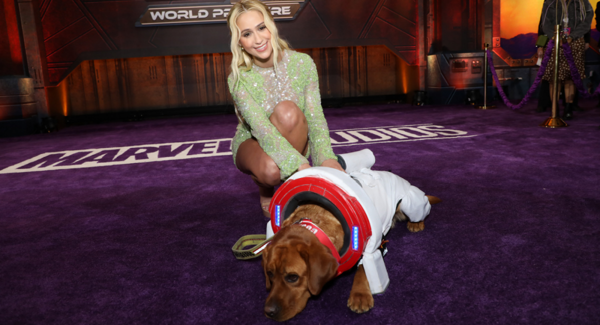 Maria Bakalova and Cosmo the Spacedog at the world premiere of 'Guardians of the Galaxy Volume 3' at the Dolby Theatre in Hollywood CA on