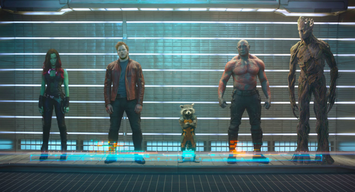 Zoe Saldaña, Chris Pratt, Rocket, Dave Bautista and Groot in 'Guardians of the Galaxy.'