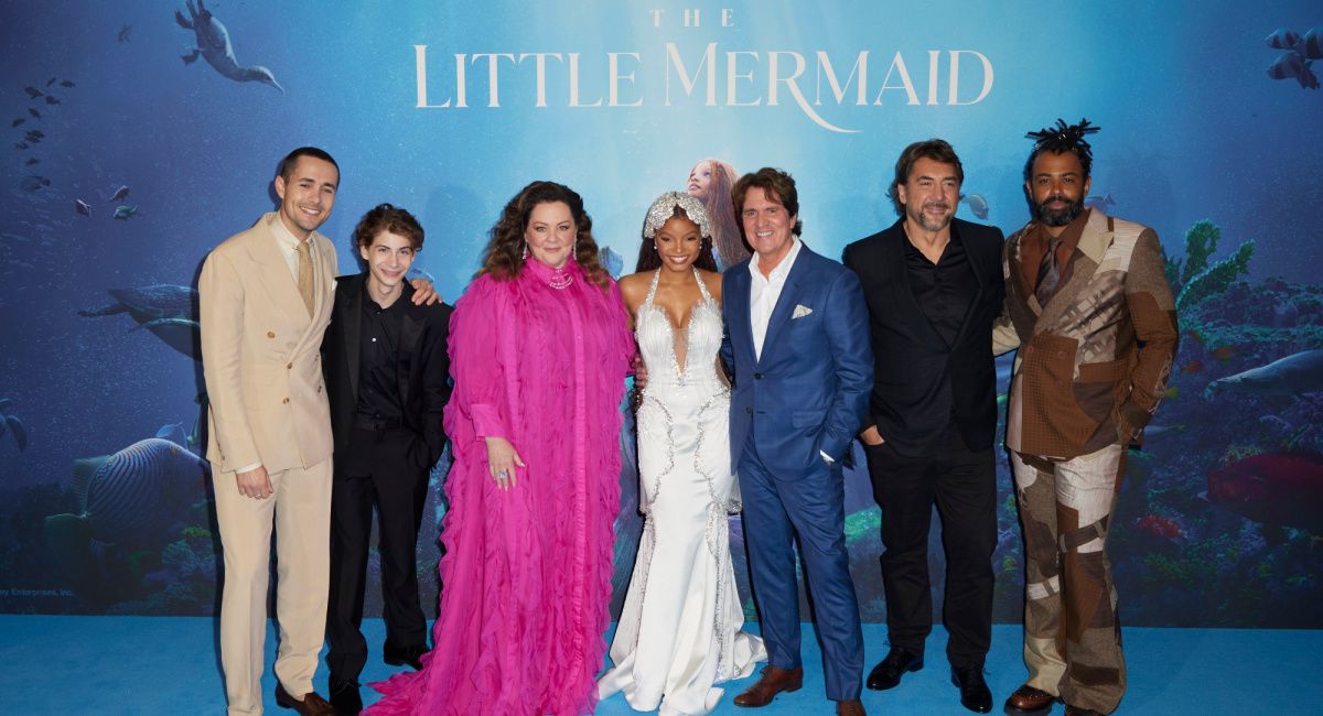 Jonah Hauer-King, Jacob Tremblay, Melissa McCarthy, Halle Bailey, Rob Marshall, Javier Bardem and Daveed Diggs attend the UK Premiere Of Disney's 'The Little Mermaid' at Odeon Luxe Leicester Square on May 15, 2023 in London, England.