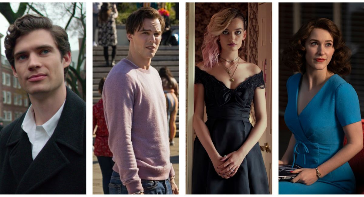 (Esquerda) David Cornswaite em 'Politician' da Netflix. (Centro à esquerda) Nicholas Holt em 'Renfield'. (Centro à direita) Emma Mackie em 'Sex Lesson' da Netflix. (À direita) Rachel Brosnahan em 'The Marvelous Mrs. Maisel' do Prime Video.