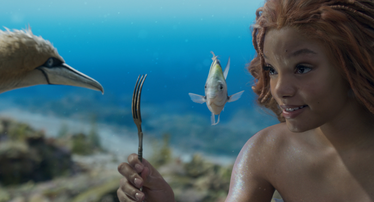 Scuttle (voiced by Awkwafina), Flounder (voiced by Jacob Tremblay), and Halle Bailey as Ariel in Disney's live-action 'The Little Mermaid.'
