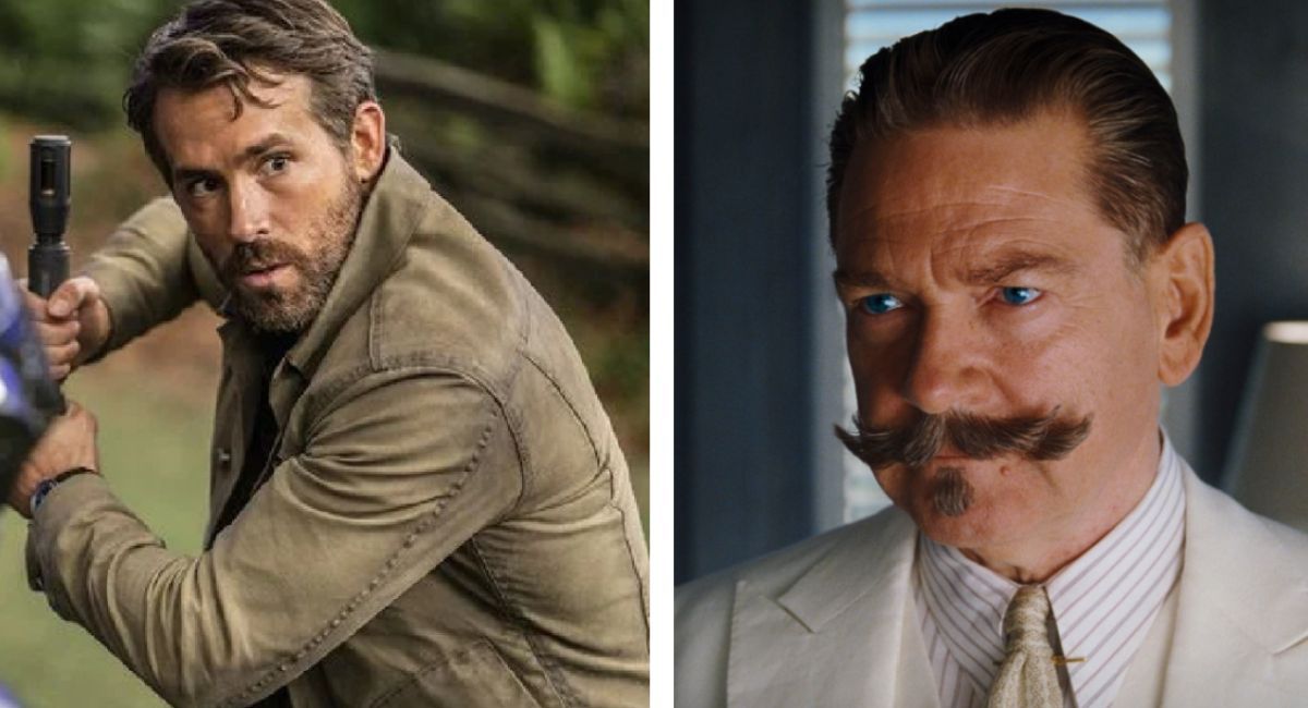 (Esquerda) Ryan Reynolds em 'The Adam Project'. (Direita) Kenneth Branagh em 'Morte no Nilo'.