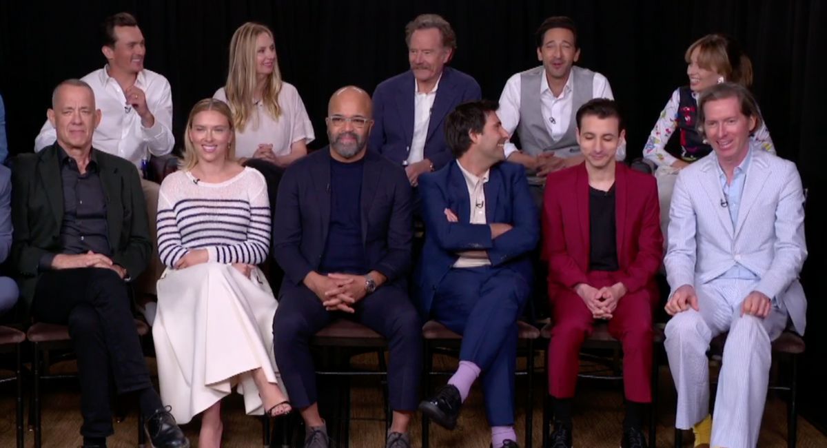 (L to R, Top Row) Rupert Friend, Hope Davis, Bryan Cranston, Adrien Brody, and Maya Hawke. (L to R, Bottom Row) Tom Hanks, Scarlett Johansson, Jeffrey Wright, Jason Schwartzman, Jake Ryan and filmmaker Wes Anderson.