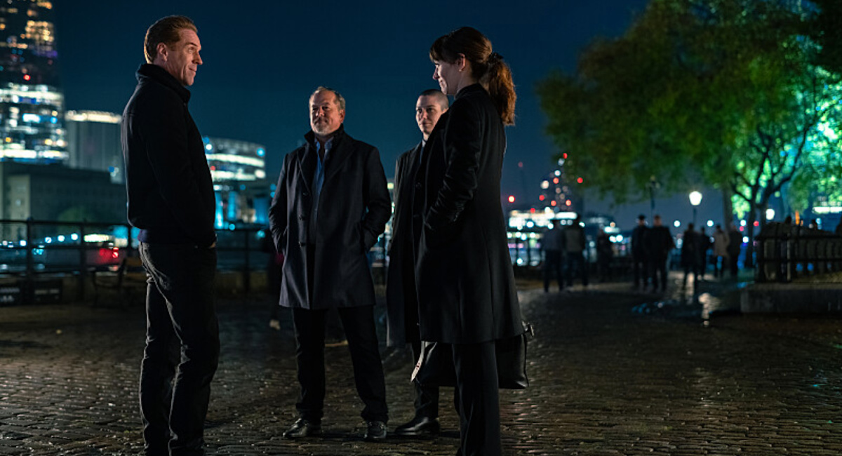 Damian Lewis as Bobby "Axe" Axelrod, David Costabile as Mike ‘Wags’ Wagner, Asia Kate Dillon as Taylor Mason and Maggie Siff as Wendy Rhoades in 'Billions.'