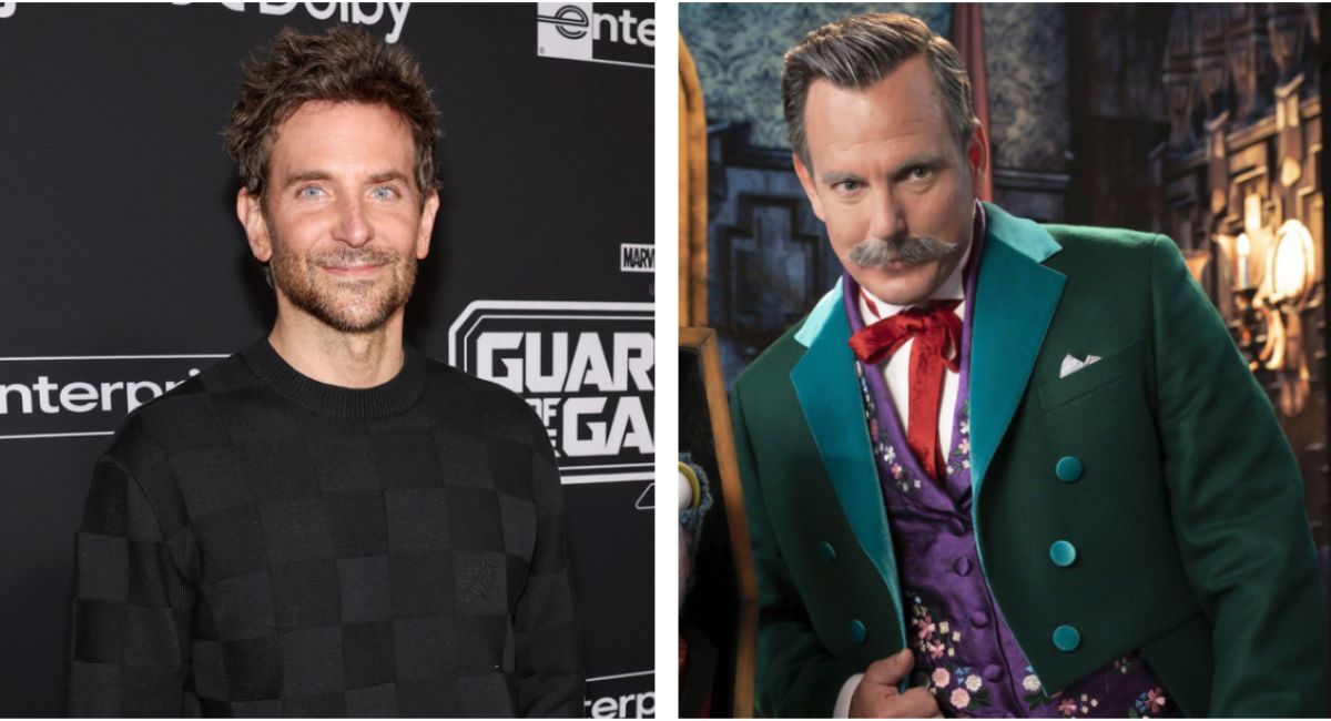 (Left) Bradley Cooper in 'Guardians of the Galaxy Vol.'  3' World Premiere.  (Right) Will Arnett in 'Muppet's Haunted Mansion'.