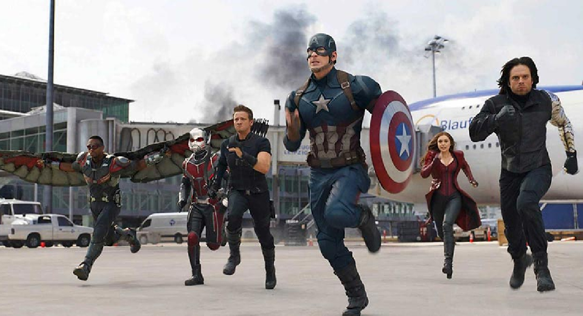 Anthony Mackie, Paul Rudd, Jeremy Renner, Chris Evans, Elizabeth Olsen e Sebastian Stan em 'Capitão América: Guerra Civil'.