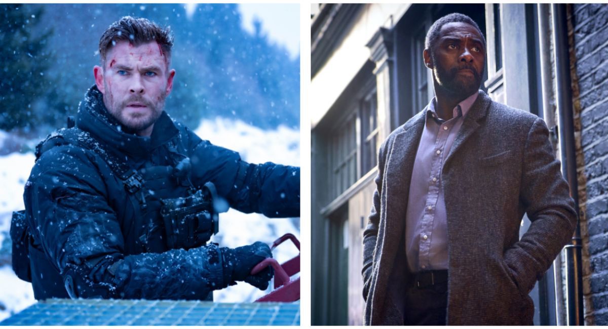 (Left) Chris Hemsworth as Tyler Rake in 'Extraction 2'.  (Right) Idris Elba as John Luther in 'Luther: The Fallen Sun'.
