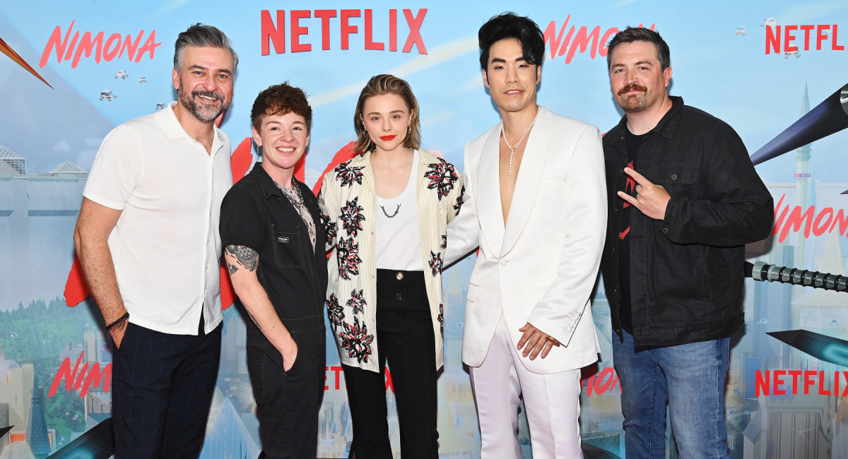 Troy Quane, ND Stevenson, Chloë Grace Moretz, Eugene Lee Yang, and Nick Bruno attend 'Nimona' NY Special Screening at AMC Lincoln Square Theater on June 24, 2023 in New York City.