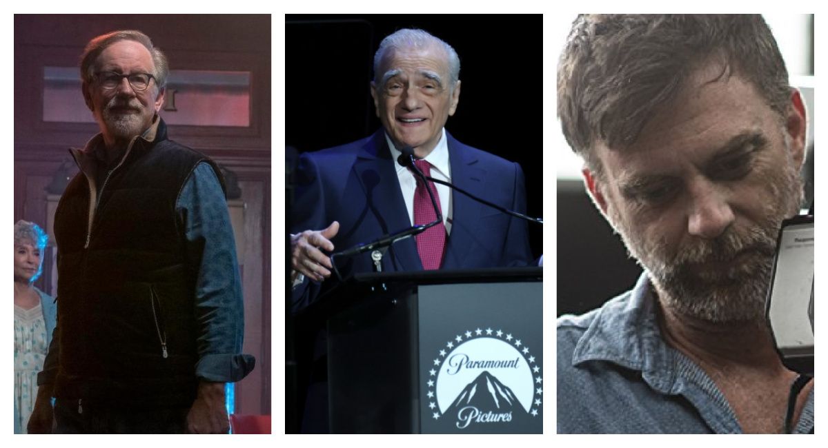 (Left) Steven Spielberg on the set of 'West Side Story.' (Center) Martin Scorsese at CinemaCon 2023, (Right) Paul Thomas Anderson on the set of 'Licorice Pizza.'