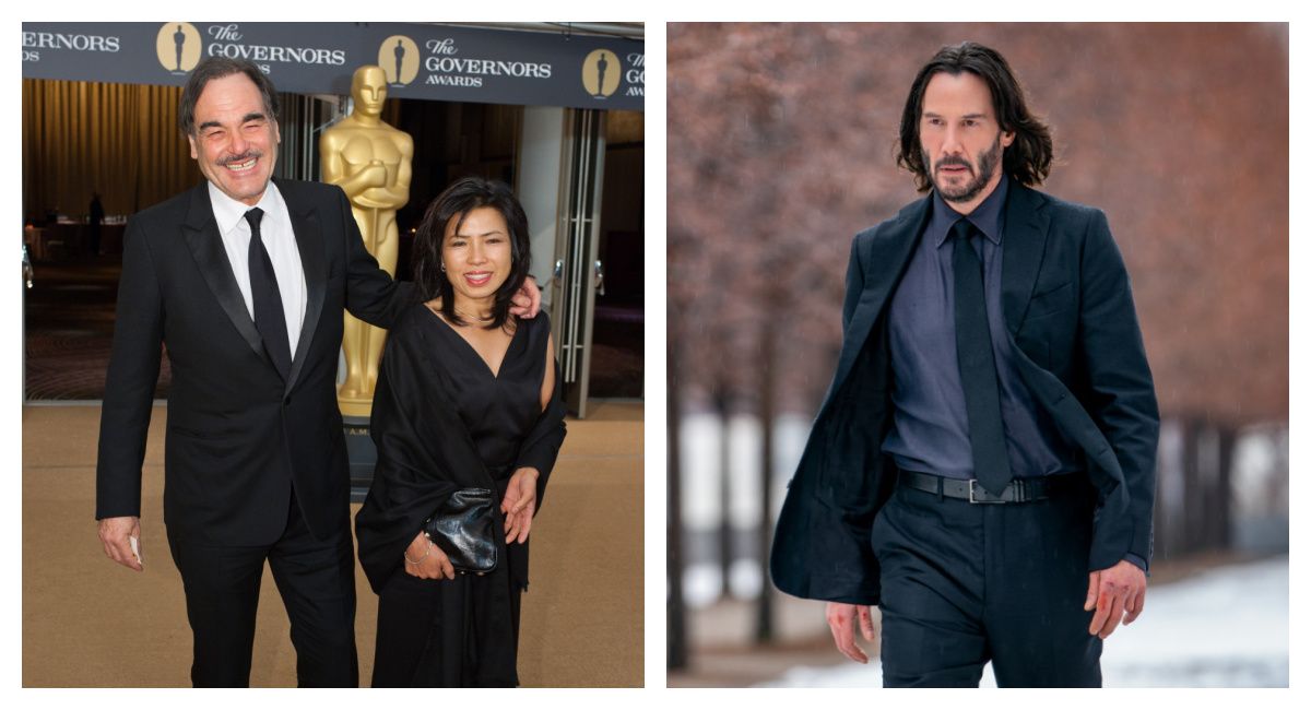 (Left) Three-time Oscar-winning director Oliver Stone and wife Sun-jung Jung attend the 2010 Governors Awards in the Grand Ballroom at Hollywood & Highland in Hollywood, CA, Saturday, November 13. Matt Petit / ©A.M.P.A.S. Copyright: ©A.M.P.A.S. (Right) Keanu Reeves as John Wick in 'John Wick: Chapter 4.' Photo Credit: Murray Close.