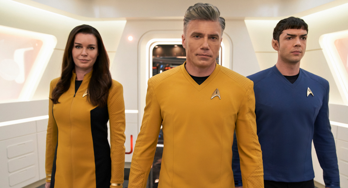 ebecca Romijn as Una, Anson Mount as Pike and Ethan Peck as Spock of the Paramount+ original series 'Star Trek: Strange New Worlds.'