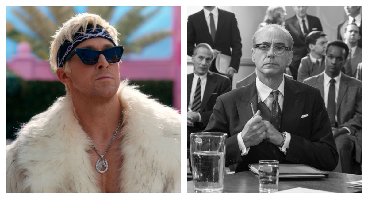 (Left) Ryan Gosling as Ken in Warner Bros. Pictures’ 'Barbie,' a Warner Bros. Pictures release. Photo Credit: Courtesy of Warner Bros. Pictures. Copyright: © 2023 Warner Bros. Entertainment Inc. All Rights Reserved. (Right) Robert Downey Jr. is Lewis Strauss in 'Oppenheimer,' written, produced, and directed by Christopher Nolan.