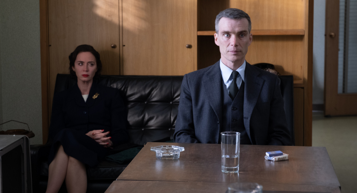 Emily Blunt is Kitty Oppenheimer and Cillian Murphy is J. Robert Oppenheimer in 'Oppenheimer,' written, produced, and directed by Christopher Nolan.