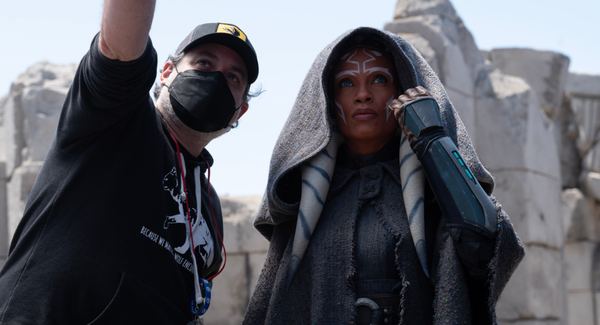 Dave Filoni and Rosario Dawson on the set of Lucasfilm's 'Star Wars: Ahsoka,' exclusively on Disney+.