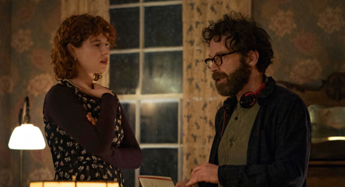 Jessie Buckley as Young Woman and director Charlie Kaufman on the set of 'I'm Thinking Of Ending Things.'