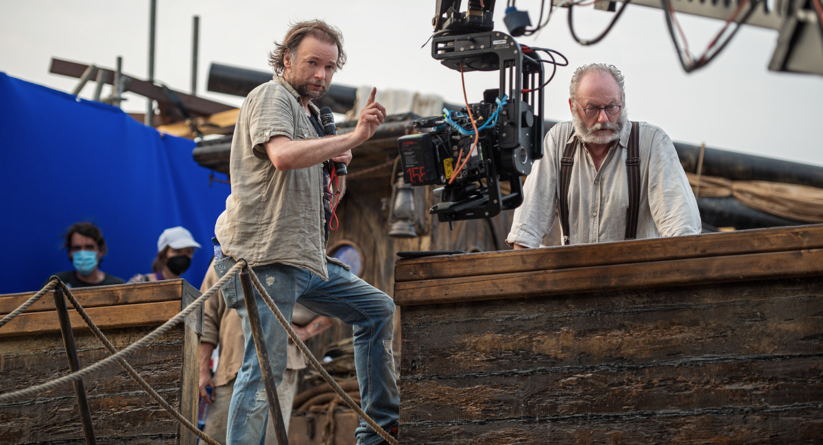 Director André Øvredal and Liam Cunningham on the set of 'The Last Voyage of the Demeter.'