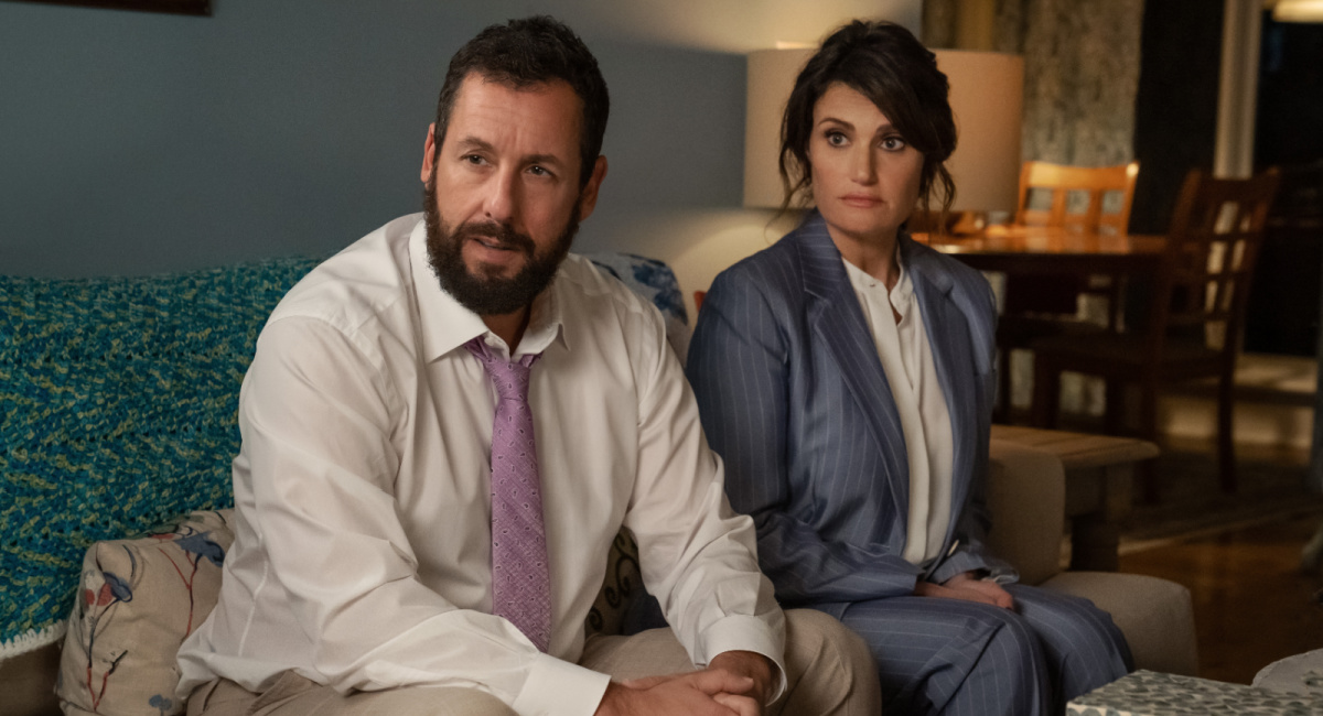 Adam Sandler as Danny Friedman and Idina Menzel as Bree Friedman in 'You Are SO Not Invited To My Bat Mitzvah.'