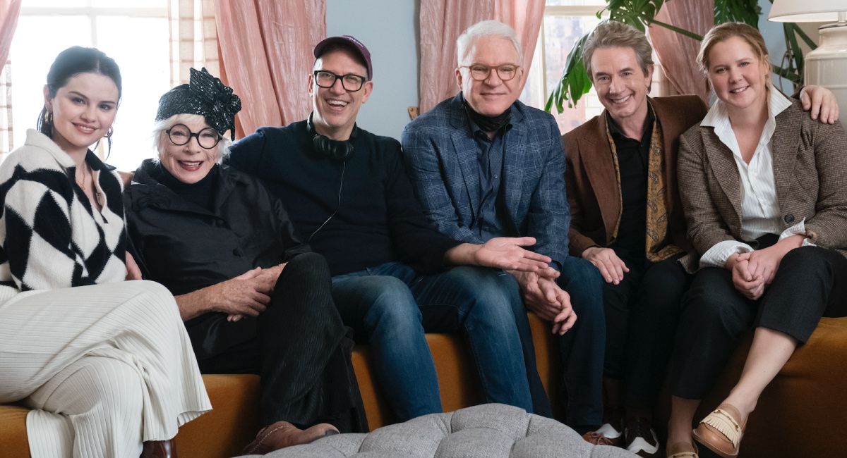 Selena Gomez, Shirley MacLaine, Director John Hoffman, Steve Martin, Martin Short, and Amy Schumer on the set of 'Only Murders in the Building' season 2.