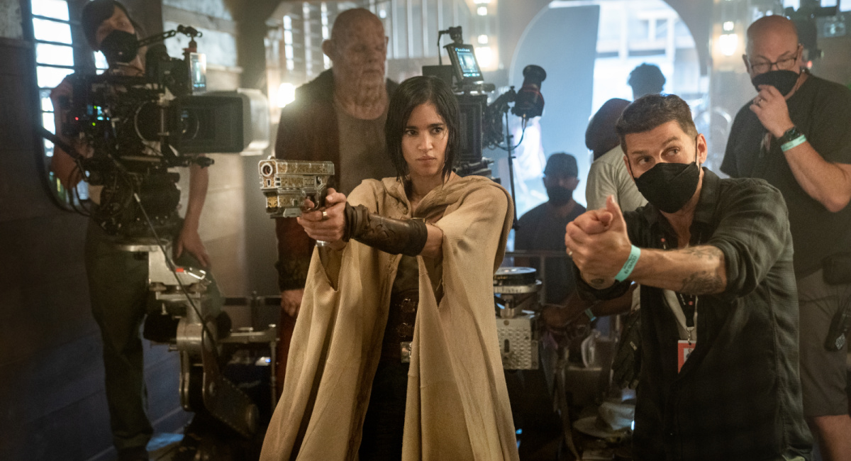 Sofia Boutella as Kora and Director/writer/producer Zack Snyder on the set of 'Rebel Moon.'