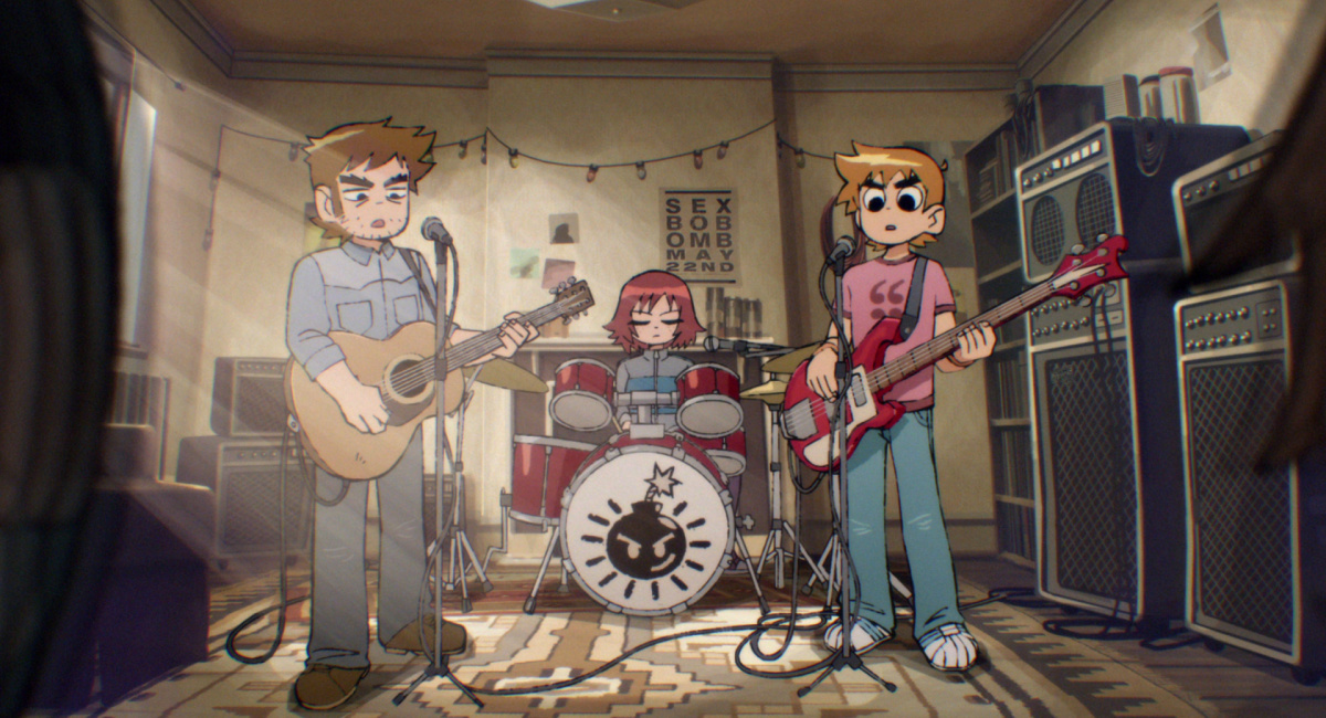 Mark Webber as Stephen Stills, Alison Pill as Kim Pine and Michael Cera as Scott Pilgrim in 'Scott Pilgrim Takes Off.'