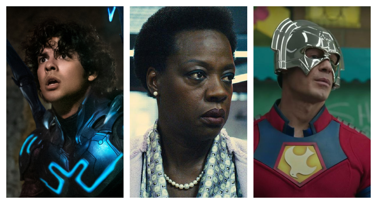 (Left) Xolo Mariduena as Jaime Reyes in Warner Bros. Pictures’ action adventure Blue Beetle,' a Warner Bros. Pictures release. Photo Credit: Hopper Stone/SMPSP/™ & © DC Comics. Copyright: © 2023 Warner Bros. Ent. All Rights Reserved. TM & © DC. (Center) Viola Davis as Amanda Waller in 2016's 'Suicide Squad.' (Right) John Cena in HBO Max's 'Peacemaker.'