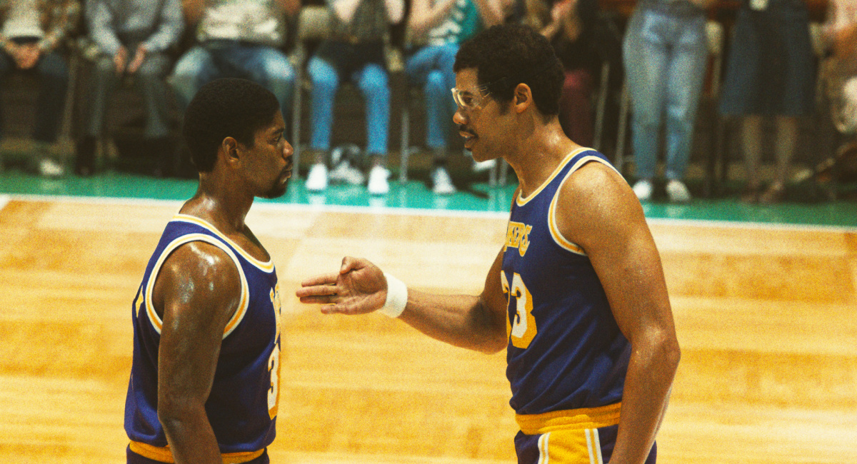 Quincy Isaiah as Magic Johnson and Solomon Hughes as Kareem Abdul-Jabbar in HBO's 'Winning Time: The Rise of the Lakers Dynasty.'