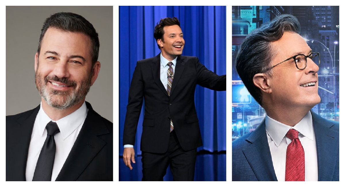 (Left) Jimmy Kimmel. Photo: ABC/Jeff Lipsky. (Center) “Tonight Show” host Jimmy Fallon. Photo: Todd Owyoung/NBC. (Right) Stephen Colbert from “The Late Show with Stephen Colbert.” Photo: CBS.com.
