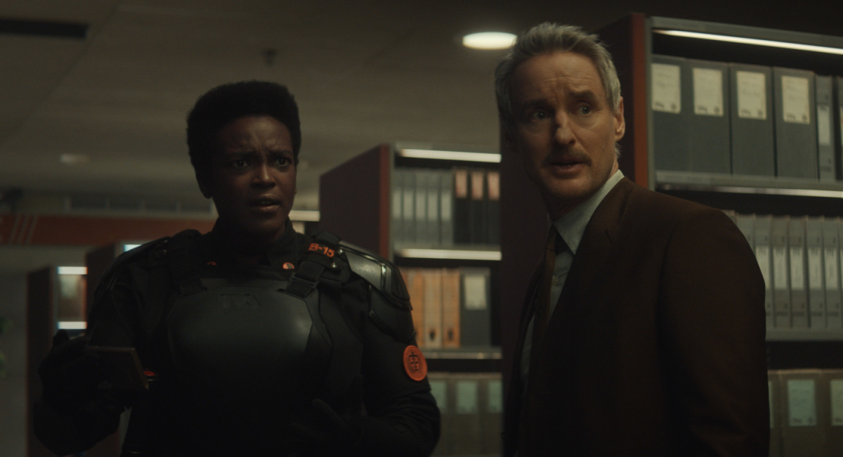 Hunter B-15 (Wunmi Mosaku) and Mobius (Owen Wilson) in Marvel Studios' 'Loki,' exclusively on Disney+.