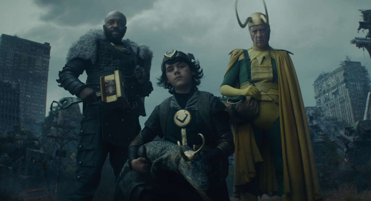 Boastful Loki (DeObia Oparei), Kid Loki (Jack Veal), Alligator Loki and Classic Loki (Richard E. Grant) in Marvel Studios' 'Loki,' exclusively on Disney+.