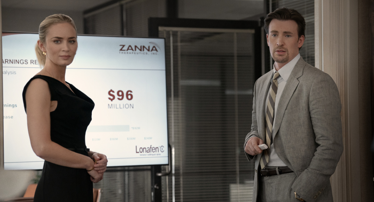 Emily Blunt as Liza and Chris Evans as Brenner in 'Pain Hustlers.'