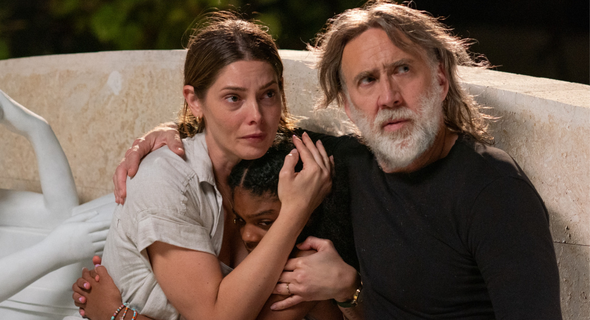 Ashley Greene as Ashley, Thalia Campbell as Sarah, and Nicolas Cage as Matt in 'The Retirement Plan.'