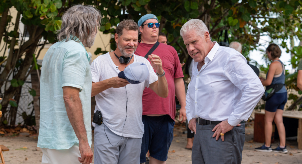 Nicolas Cage, director Tim Brown and Ron Perlman on the set of 'The Retirement Plan.'