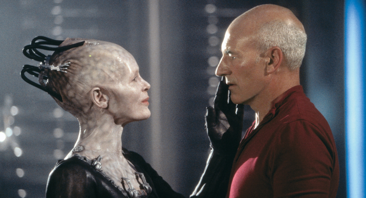 Alice Krige as the Borg Queen and Patrick Stewart as Jean-Luc Picard in 'Star Trek: First Contact.'