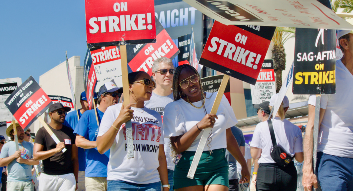 WGA + SAG-AFTRA members walk the line at Showrunner Solidarity picket at Fox on 9/12.