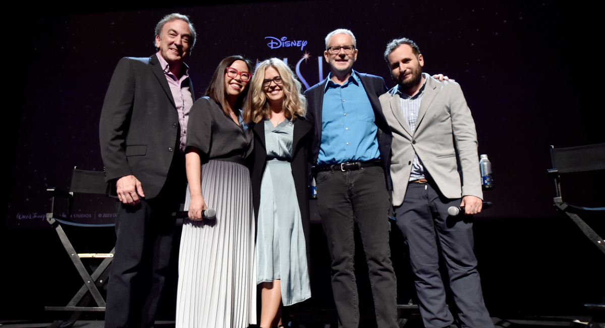 Peter Del Vecho, SVP, Feature Film Production, Walt Disney Animation Studios, Fawn Veerasunthorn, Jennifer Lee, CCO, Disney Animation Studios, Chris Buck and Juan Pablo Reyes Lancaster-Jones at the Long Lead Press Day & In-Person Presentation for 'Wish' at El Capitan Theatre in Los Angeles, California on September 21, 2023.
