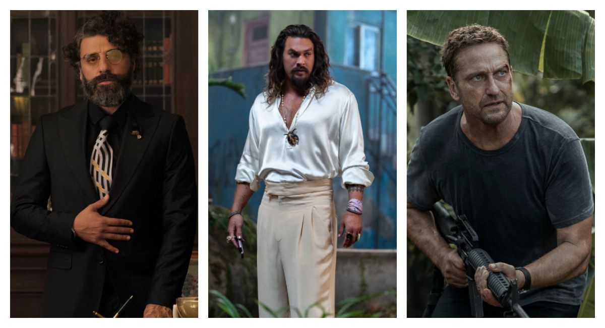 (Left) Oscar Isaac in “Big Gold Brick.” (Center) Jason Momoa as Dante in “Fast X.” (Right) Gerard Butler as Brodie Torrance in “Plane.”