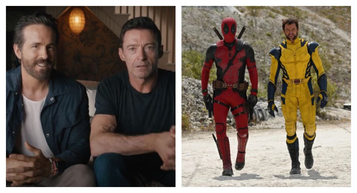 (Left) Ryan Reynolds and Hugh Jackman discuss Marvel Studios' 'Deadpool 3.' Photo courtesy of Ryan Reynolds YouTube channel. (Right) Ryan Reynolds as Deadpool and Hugh Jackman as Wolverine in 'Deadpool 3.' Photo courtesy of Ryan Reynolds Instagram account.