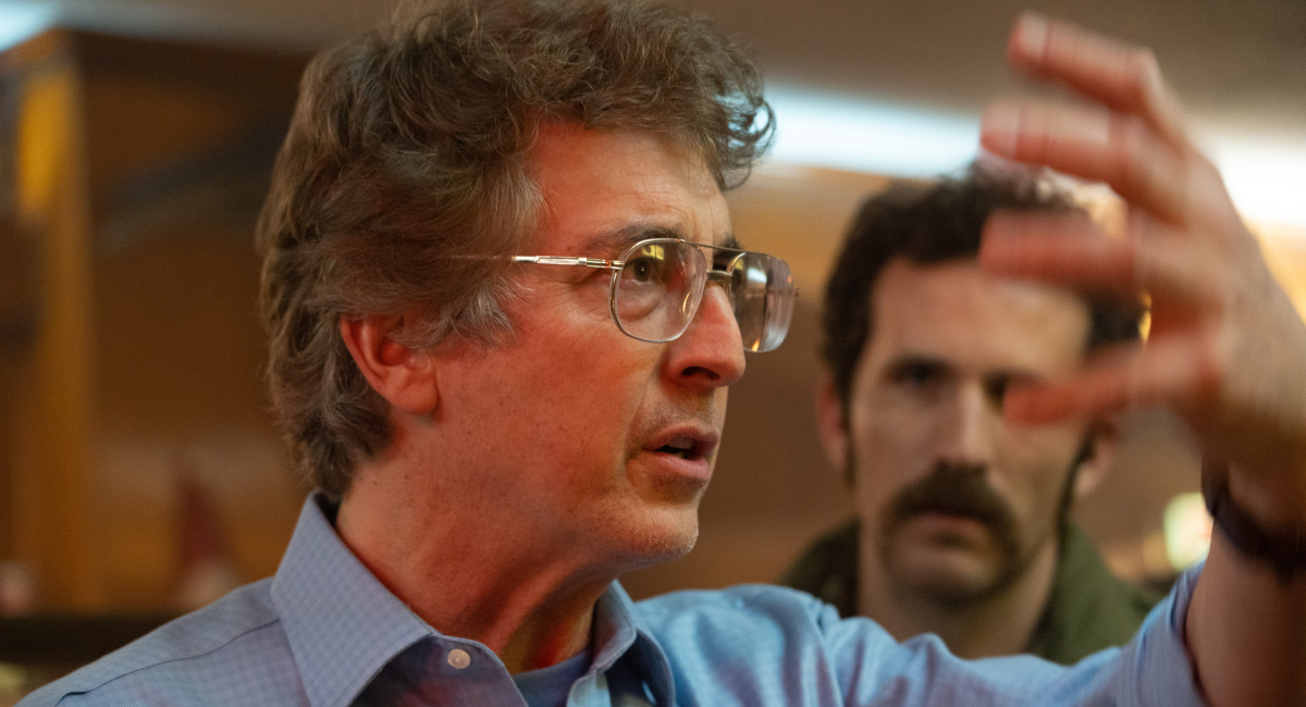 Director Alexander Payne and actor Dan Aid on the set of their film 'The Holdovers,' a Focus Features release.