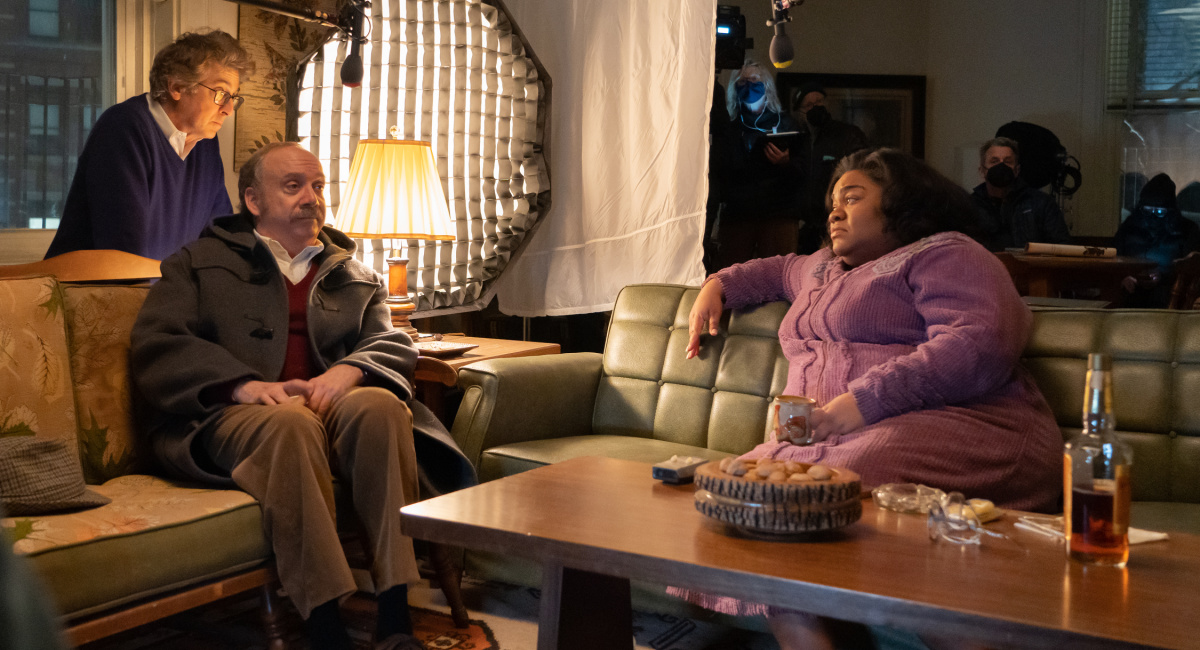 Director Alexander Payne and actors Paul Giamatti and Da’Vine Joy Randolph on the set of their film 'The Holdovers,' a Focus Features release.