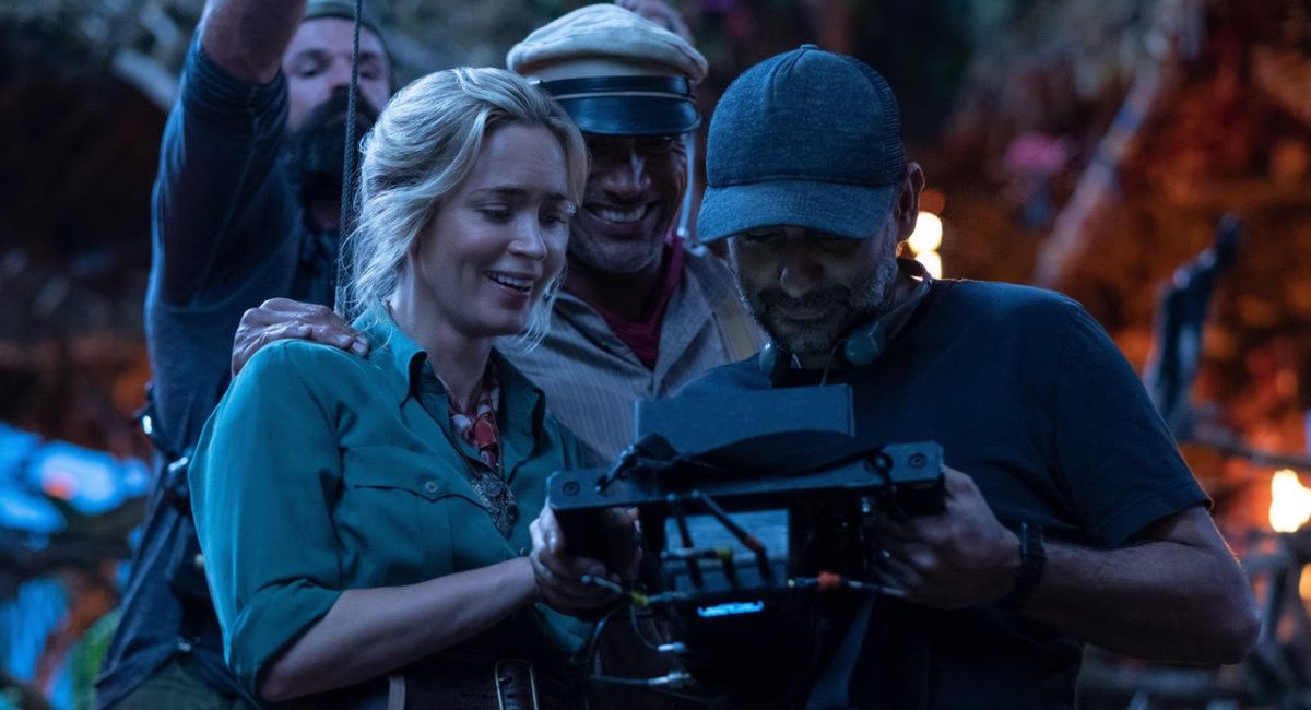 Emily Blunt, Dwayne Johnson and director Jaume Collet-Serra on the set of “Jungle Cruise.”
