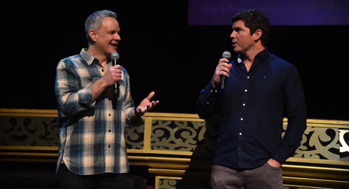 Dan Abraham and Trent Correy speak onstage for 'Once Upon A Studio' at the Long Lead Press Day In-Person Presentation for 'Wish' at El Capitan Theatre in Los Angeles, California on September 21, 2023.