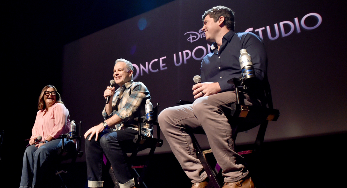 Brad Simonsen, Yvett Merino, Dan Abraham and Trent Correy speak onstage for 'Once Upon A Studio' at the Long Lead Press Day; In-Person Presentation for 'Wish' at El Capitan Theatre in Los Angeles, California on September 21, 2023.