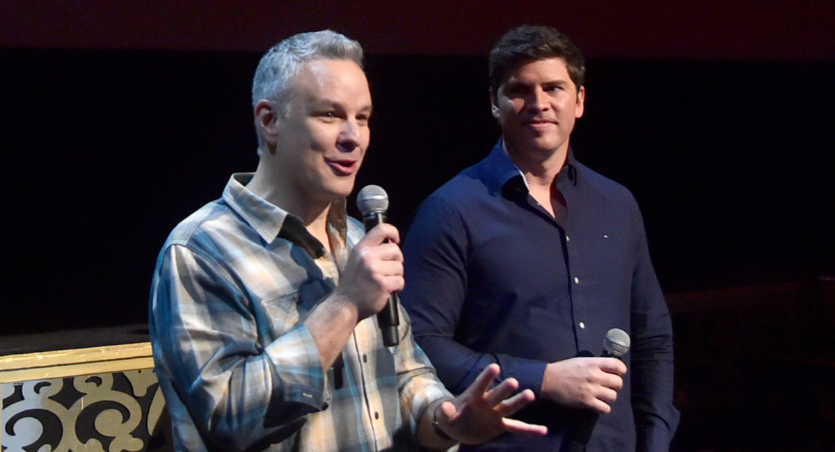 Dan Abraham and Trent Correy speak onstage for 'Once Upon A Studio' at the Long Lead Press Day; In-Person Presentation for 'Wish' at El Capitan Theatre in Los Angeles, California on September 21, 2023.