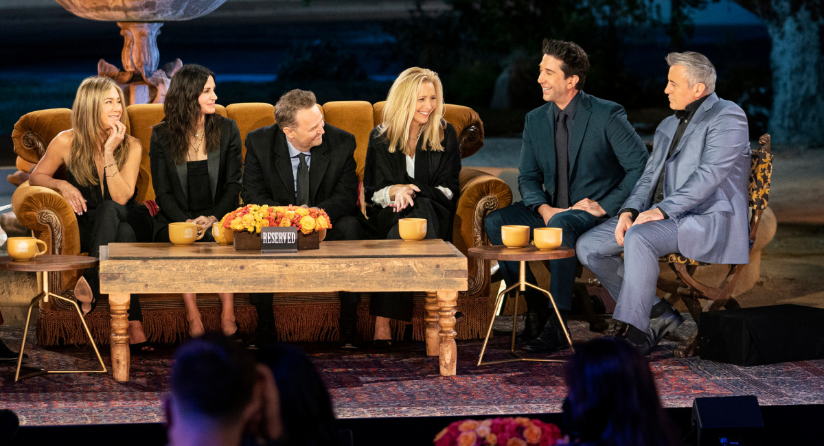 Jennifer Aniston, Courteney Cox, Matthew Perry, Lisa Kudrow, David Schwimmer and Matt LeBlanc in HBO Max's 'Friends: The Reunion.'