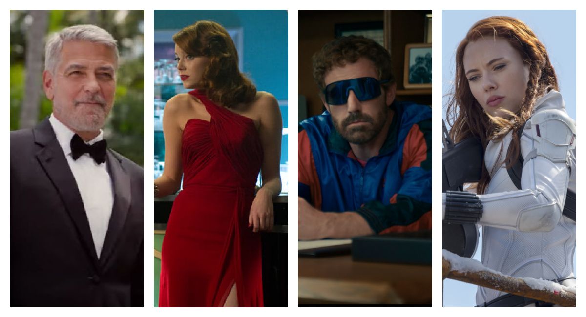 (Far Left) George Clooney in Universal Pictures' 'Ticket to Paradise.' (Center Left) Emma Stone in 'Gangster Squad.' Photo Courtesy of Warner Bros. (Center Right) Ben Affleck as Phil Knight in 'Air.' Photo: Courtesy of Amazon Studios. © Amazon Content Services LLC. (Far Right) Scarlett Johansson in Marvel Studios' 'Black Widow.' Photo courtesy of Marvel Studios. ©Marvel Studios 2021. All Rights Reserved.